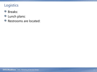Logistics
  Breaks:
  Lunch plans:
  Restrooms are located:




                           2
 
