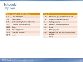 Schedule
Day Two
 Time    Module 1 – Inside Selling           Time
 8.30    Class Preparation                   1.30   Before you go – qualification to 20%
 9.00    Welcome back                        2.00   Preparation for calling session
 9.15    Understanding features & benefits   2.15   Calling session 2
 10.30   Customer motivation to buy          3.00   Feedback from calling session
 11.00   Break                               3.30   Break
 11.15   Value proposition                   3.45   Massage game
 12.15   Objection handling                  4.00   Review of day two and commitment to
                                                    actions
 12.45   Lunch
                                             4.15   Close




                                                                                           4
 