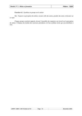 Module N° 1 : Métier et formation Filière : TSDI 
Exercice 4.1 : Synthèse en groupe sur le métier 
But : Exposer sa perception du métier, écouter celle des autres, prendre des notes et discuter sur 
ce sujet. 
Chaque groupe constitué rapporte, devant l’ensemble des stagiaires son travail sur la perception 
du métier. Il dispose du résultat des exercices précédents et d’une synthèse écrite qui sera distribuée à 
tous. 
OFPPT / DRIF / CDC Tertiaire & TIC Page : 13 Novembre 2005 
 