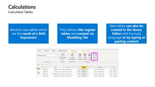 Calculations
Calculated Tables
Become new tables which
are the result of a DAX
Expression
They behave like regular
tables and created via
Modeling Tab
New tables can also be
created in the Query
Editor with Formula
Language or by typing or
pasting content
 