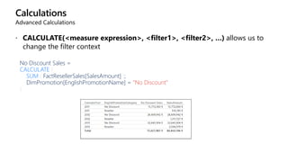 Calculations
Advanced Calculations
 CALCULATE(<measure expression>, <filter1>, <filter2>, …) allows us to
change the filter context
No Discount Sales =
CALCULATE (
SUM ( FactResellerSales[SalesAmount] );
DimPromotion[EnglishPromotionName] = "No Discount"
)
 