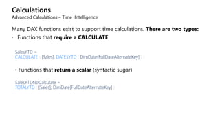 Calculations
Advanced Calculations – Time Intelligence
Many DAX functions exist to support time calculations. There are two types:
 Functions that require a CALCULATE
SalesYTD =
CALCULATE ( [Sales]; DATESYTD ( DimDate[FullDateAlternateKey] ) )
• Functions that return a scalar (syntactic sugar)
SalesYTDNoCalculate =
TOTALYTD ( [Sales]; DimDate[FullDateAlternateKey] )
 