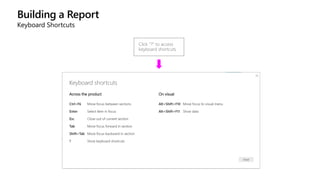 Building a Report
Keyboard Shortcuts
Click “?” to access
keyboard shortcuts
 