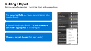 Building a Report
Common visual properties - Numerical fields and aggregations
Any numerical field can have a summarization other
than its default
A numerical field with default “Do not summarize”
can still be aggregated in the field pane
Measures cannot change their aggregation
 