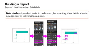 Building a Report
Common visual properties - Data Labels
Data labels make a chart easier to understand, because they show details about a
data series or its individual data points.
 