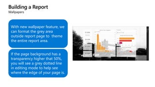 Building a Report
Wallpapers
With new wallpaper feature, we
can format the grey area
outside report page to theme
the entire report area.
If the page background has a
transparency higher that 50%,
you will see a grey dotted line
in editing mode to help see
where the edge of your page is.
 