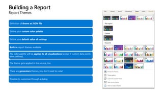 Building a Report
Report Themes
Definition of theme as JSON file
Define your custom color palette
Define your default value of settings
Built-in report themes available
The color palette will be applied to all visualizations (except if custom data points
were defined)
The theme gets applied in the service, too.
There are generators themes, you don’t need to code!
Possible to customize through a dialog
 