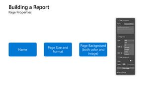 Building a Report
Page Properties
Name
Page Size and
Format
Page Background
(both color and
image)
 
