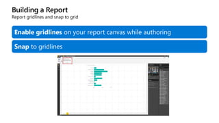 Building a Report
Report gridlines and snap to grid
Enable gridlines on your report canvas while authoring
Snap to gridlines
 