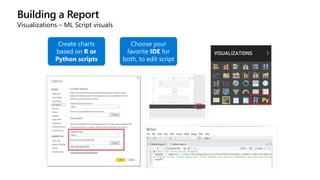 Building a Report
Visualizations – ML Script visuals
Create charts
based on R or
Python scripts
Choose your
favorite IDE for
both, to edit script
 