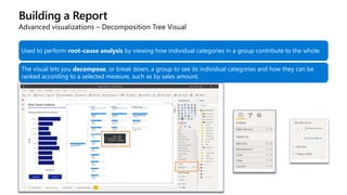 Building a Report
Advanced visualizations – Decomposition Tree Visual
Used to perform root-cause analysis by viewing how individual categories in a group contribute to the whole.
The visual lets you decompose, or break down, a group to see its individual categories and how they can be
ranked according to a selected measure, such as by sales amount.
 