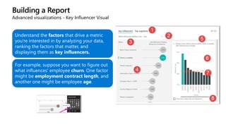 Building a Report
Advanced visualizations - Key Influencer Visual
Understand the factors that drive a metric
you're interested in by analyzing your data,
ranking the factors that matter, and
displaying them as key influencers.
For example, suppose you want to figure out
what influences' employee churn. One factor
might be employment contract length, and
another one might be employee age.
 