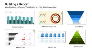 Building a Report
Visualizations – Custom Visualizations - xViz Suite (examples)
Multiple Axis Chart Advanced Gauge Chart
Variance Chart Horizon Chart
Funnel Chart
Pyramid Charts
 