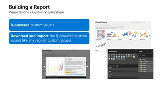 Building a Report
Visualizations – Custom Visualizations
R-powered custom visuals
Download and import the R-powered custom
visuals like any regular custom visuals
 