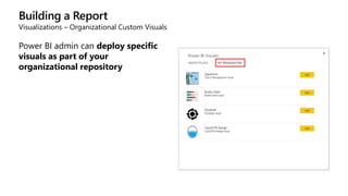 Building a Report
Visualizations – Organizational Custom Visuals
Power BI admin can deploy specific
visuals as part of your
organizational repository
 