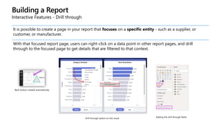 Building a Report
Interactive Features - Drill through
It is possible to create a page in your report that focuses on a specific entity - such as a supplier, or
customer, or manufacturer.
With that focused report page, users can right-click on a data point in other report pages, and drill
through to the focused page to get details that are filtered to that context.
 