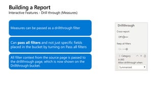 Building a Report
Interactive Features - Drill through (Measures)
Measures can be passed as a drillthrough filter
Can pass all filters and not just specific fields
placed in the bucket by turning on Pass all filters
All filter context from the source page is passed to
the drillthrough page, which is now shown on the
Drillthrough bucket.
 