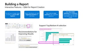 Building a Report
Interactive Features – Q&A for Report Creation
Can set up an image, shape
or button to launch Q&A
Explorer
Report developers can add
suggested questions for
end-users
Q&A explored auto-
populates with suggested
questions.
With Teach Q&A,
definitions and measures
can be added to make Q&A
work better with the data
model.
Support Top/Bottom N selection
Recommendations for
Improving Results
 