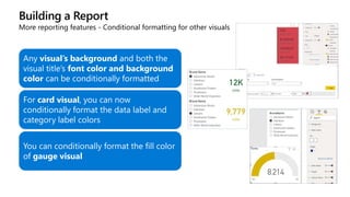 Building a Report
More reporting features - Conditional formatting for other visuals
Any visual’s background and both the
visual title’s font color and background
color can be conditionally formatted
For card visual, you can now
conditionally format the data label and
category label colors
You can conditionally format the fill color
of gauge visual
 