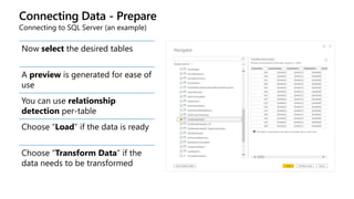 Connecting Data - Prepare
Connecting to SQL Server (an example)
Now select the desired tables
A preview is generated for ease of
use
You can use relationship
detection per-table
Choose “Load” if the data is ready
Choose “Transform Data” if the
data needs to be transformed
 