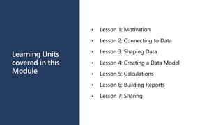 Learning Units
covered in this
Module
• Lesson 1: Motivation
• Lesson 2: Connecting to Data
• Lesson 3: Shaping Data
• Lesson 4: Creating a Data Model
• Lesson 5: Calculations
• Lesson 6: Building Reports
• Lesson 7: Sharing
 