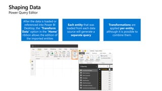 Shaping Data
Power Query Editor
After the data is loaded or
referenced into Power BI
Desktop, the “Transform
Data” option in the “Home”
ribbon allows the edition of
the imported entities
Each entity that was
loaded from each data
source will generate a
separate query
Transformations are
applied per-entity,
although it is possible to
combine them.
 