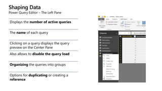 Shaping Data
Power Query Editor – The Left Pane
Displays the number of active queries
The name of each query
Clicking on a query displays the query
preview on the Center Pane
Also allows to disable the query load
Organizing the queries into groups
Options for duplicating or creating a
reference
 