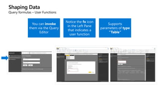 Shaping Data
Query formulas – User Functions
You can invoke
them via the Query
Editor
Notice the fx icon
in the Left Pane
that indicates a
user function
Supports
parameters of type
“Table”
 
