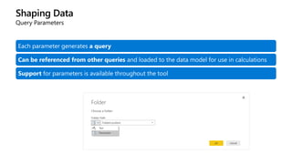 Shaping Data
Query Parameters
Each parameter generates a query
Can be referenced from other queries and loaded to the data model for use in calculations
Support for parameters is available throughout the tool
 