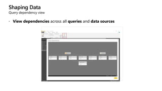 Shaping Data
Query dependency view
 View dependencies across all queries and data sources
 