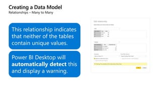 Creating a Data Model
Relationships – Many to Many
This relationship indicates
that neither of the tables
contain unique values.
Power BI Desktop will
automatically detect this
and display a warning.
 