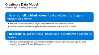 Creating a Data Model
Relationships – Data Quality Issues
If data has null or blank values for the columns that support
relationships either:
• Remove those rows (which might affect statistics and summarizations)
• Define a default value that replaces those values so that a match is made
If duplicate values exist in a lookup table, a relationship cannot be
created
• Remove the duplicates so that the lookup table contains none. You can use the data
shaping features of Power BI Desktop to do it.
 