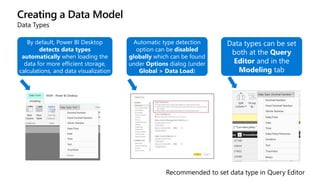 Creating a Data Model
Data Types
By default, Power BI Desktop
detects data types
automatically when loading the
data for more efficient storage,
calculations, and data visualization
Automatic type detection
option can be disabled
globally which can be found
under Options dialog (under
Global > Data Load)
Data types can be set
both at the Query
Editor and in the
Modeling tab
 