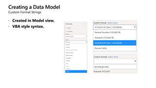 Creating a Data Model
Custom Format Strings
 Created in Model view.
 VBA style syntax.
 