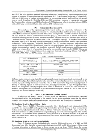 Performance Evaluation of Routing Protocols for MAC Layer Models
www.iosrjournals.org 73 | Page
and DSDV due to its aggressive approach in listening and caching. TORA had very high consumption due high
volume of messages for route discovery and maintenance. In [13] performance comparison of AODV,DSR,
ZRP and OLSR is done in realistic scenarios and out of which AODV protocol performed best with a small
berm in overall throughput. In [3] AODV, TORA and DSR protocols are compared by varying data rates using
the Opnet simulator with network of 20 fixed nodes only. TORA turns out to be the premium in terms of PDR,
with AODV being next best with better delay and load. DSR performs worst.
IV. SIMULATION ENVIRONMENT
The overall goal of the experiments performed was to analyze and compare the performance of the
routing protocols in Mobile Ad-hoc environment. The simulation has been performed in this study using the
Global Mobile Information System Simulator (GloMoSim) which provides a scalable simulation environment
for large wired and wireless communication networks [14][15]. GloMoSim uses a parallel discrete-event
simulation capability provided by Parsec. Extensibility and the scalability are the key attributes in the design of
GloMoSim. For our simulation, we constructed a 1500 x 1500 m square topology. The number of mobile nodes
was varied from 10 to 50. The node aggregation technique is used to give significant benefits to the simulation
performance. Traffic sources are Constant Bit Rate (CBR). Only 512 byte data packets are used and the total
number of packets was 20000. Simulating the networks with up to thousand nodes linked by a heterogeneous
wireless communications capability and simulation is run with the light speeds using the mobility parameter
which is set between 0 to 10 m/sec so that there can be movement between the nodes. 802.11, CSMA, and
TSMA was used as MAC protocol. In this section, we present the results of simulating Bellman-Ford, AODV,
FSR, DSR, LAR1, WRP and ZRP by varying number of nodes.
Table 1 Simulation Parameters
TERRAIN DIMENSION 1500m×1500m
NETWORK (Routing) Bellman-Ford, AODV, Fisheye(FSR), DSR, LAR1, WRP,
ZRP
DATA LINK LAYER (MAC) 802.11, CSMA, TSMA
TOTAL NUMBER OF
PACKETS
20000
MOBILITY(min speed) 0-10 m/sec
PACKET SIZE 512 bytes
NUMBER OF NODES 10 to 50
Different routing protocols are evaluated by using three performance metrics packet delivery ratio, end- to-end
delay and throughput. Packet Delivery Ratio is the ratio of the number of packets received at destination to the
number of packets sent by the source. Greater the value of PDR means better the performance of protocol. It
directly or indirectly depends on route discovery time, throughput and number of hops. Average End-to-End
delay is the average time taken by the packet from source to destination in seconds and lower value of it is
preferred. Throughput is the total number of packet transmitted through the network in a unit of time. It is the
useful data rate measure in bits per second (bps).
V. SIMULATION RESULTS AND DISCUSSION
In Mobile Ad hoc Network (MANET), mobility, traffic and node density are main network conditions
that significantly affect the performance of the network. In this section simulation results for the selected
protocols with respect to packet delivery ratio, average end-to-end delay, and throughput are elaborated.
5.1 Simulation Result for Packet Delivery Ratio
Figure 2 shows the PDR of the routing protocols for 802.11 data link and results indicates that AODV
and LAR1 has maximum PDR and outperforming the rest of the protocols because in their case maximum
packets are received at destination node where as Bellman-Ford has the minimum PDR . Figure 3 shows the
PDR of the protocols for CSMA and it showed a repeated very up and down performance pattern and it must be
noticed that LAR1 suffered a drop in performance having minimum PDR. Figure 4 shows the PDR graph for
TSMA and here WRP did not see any significant delivery ratio and for the entire MAC protocols studied ZRP is
having constant PDR.
5.2 Simulation Result for Average End-to-End Delay
Figure 5 shows the average End-to-End delay graph for TSMA and in terms of it WRP and FSR
demonstrate lower delay than other protocols due to their operation which is table driven in nature. The presence
of routing information in advance leads to lower average end-to-end delay. AODV shows the average
 
