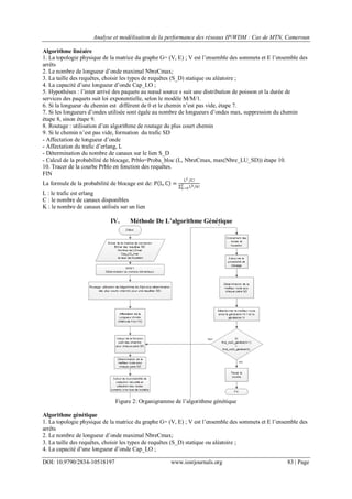 Analyse et modélisation de la performance des réseaux IP/WDM : Cas de MTN, Cameroun
DOI: 10.9790/2834-10518197 www.iosrjournals.org 83 | Page
Algorithme linéaire
1. La topologie physique de la matrice du graphe G= (V, E) ; V est l‟ensemble des sommets et E l‟ensemble des
arrêts
2. Le nombre de longueur d‟onde maximal NbreCmax;
3. La taille des requêtes, choisir les types de requêtes (S_D) statique ou aléatoire ;
4. La capacité d‟une longueur d‟onde Cap_LO ;
5. Hypothèses : l‟inter arrivé des paquets au nœud source s suit une distribution de poisson et la durée de
services des paquets suit loi exponentielle, selon le modèle M/M/1.
6. Si la longueur du chemin est différent de 0 et le chemin n‟est pas vide, étape 7.
7. Si les longueurs d‟ondes utilisée sont égale au nombre de longueurs d‟ondes max, suppression du chemin
étape 8, sinon étape 9.
8. Routage : utilisation d‟un algorithme de routage du plus court chemin
9. Si le chemin n‟est pas vide, formation du trafic SD
- Affectation de longueur d‟onde
- Affectation du trafic d‟erlang, L
- Détermination du nombre de canaux sur le lien S_D
- Calcul de la probabilité de blocage, Prblo=Proba_bloc (L, NbreCmax, max(Nbre_LU_SD)) étape 10.
10. Tracer de la courbe Prblo en fonction des requêtes.
FIN
La formule de la probabilité de blocage est de: P L, C =
LC /C!
Lk /k!C
k=0
L : le trafic est erlang
C : le nombre de canaux disponibles
K : le nombre de canaux utilisés sur un lien
IV. Méthode De L’algorithme Génétique
Figure 2: Organigramme de l‟algorithme génétique
Algorithme génétique
1. La topologie physique de la matrice du graphe G= (V, E) ; V est l‟ensemble des sommets et E l‟ensemble des
arrêts
2. Le nombre de longueur d‟onde maximal NbreCmax;
3. La taille des requêtes, choisir les types de requêtes (S_D) statique ou aléatoire ;
4. La capacité d‟une longueur d‟onde Cap_LO ;
 