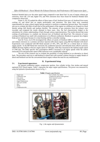 Effect Of Biodiesel - Diesel Blends On Exhaust Emission And Performance Of Compression Ignit…
DOI: 10.9790/1684-13147984 www.iosrjournals.org 80 | Page
biodiesel blended fuels over the entire speed range compared to neat diesel fuel. In case of engine exhaust gas
emissions, lower HC, CO and, higher CO2 and NOx emissions have been found for biodiesel blended fuels
compared to diesel fuel.
Eiman A. Eh. [9] studied the effects of three types of fuel, biodiesel from new oil, biodiesel from waste
cooking oil, and diesel fuel on engine performance and emissions. The three fuels were examined
experimentally by using a diesel engine and gas analyzer to perform a comparison between them. This research
aim was to evaluate the effect of each fuel on the performance of the engine on a different set of speed at a fixed
throttle setting (full throttle and medium throttle). The amounts of gas emissions from the exhaust were
recorded, and compared the results obtained in these cases. Also, the fuel characteristics helped in the
calculations for a better understanding of fuels through various experimentations. The results showed that waste
cooking oil performance is a mediate one between new oil biodiesel and diesel fuel. The emission of waste
cooking oil biodiesel was small with consideration to its efficient combustion. Biodiesel, in general, has a higher
brake power and torque because it is clean burning and has a smoother running.
Sam Ki Yoon, et.al [10] investigated the effects of canola oil biodiesel (BD) to improve combustion
and exhaust emissions in a common rail direct injection (DI) diesel engine using BD fuel blended with diesel.
Experiments were conducted with BD blend amounts of 10%, 20%, and 30% on a volume basis at various
engine speeds. As the BD blend ratio increased, the combustion pressure and indicated mean effective pressure
(IMEP) decrease slightly at the low engine speed of 1500 rpm, while they increased at the medium engine speed
of 2500 rpm. The brake specific fuel consumption (BSFC) increased at all engine speeds while the carbon
monoxide (CO) and particulate matter (PM) emissions were considerably reduced.
The aim of this research was to evaluate the possibility of using biodiesel as an alternative to diesel
fuels. The procedure used was to add biodiesel to diesel fuel with constant volumes fraction to supply blends of
diesel and biodiesel can fuel the conventional diesel engine without the need for any modifications.
II. Experimental Setup
2.1. Experimental apparatuses
An internal combustion engine, compression ignition, four cylinder in-line, four strokes and natural
aspirated FIAT Diesel engine. Table 1 represents the major engine specifications. The power was measured by
using the hydraulic dynamometers shown in Fig. 1.
Table 1 Engine specification
Engine type
Combustion type
Fuel system
Cooling system
Engine displacement
Valve per cylinder
Bore
Stroke
Compression ratio
Four cylinder, four stroke
Compression ignition (self-ignition)
Direct injection system
water cooled
3.666 Liters
Two
100 mm
110 mm
17
Fig. 1, the engine and dynamometer
 