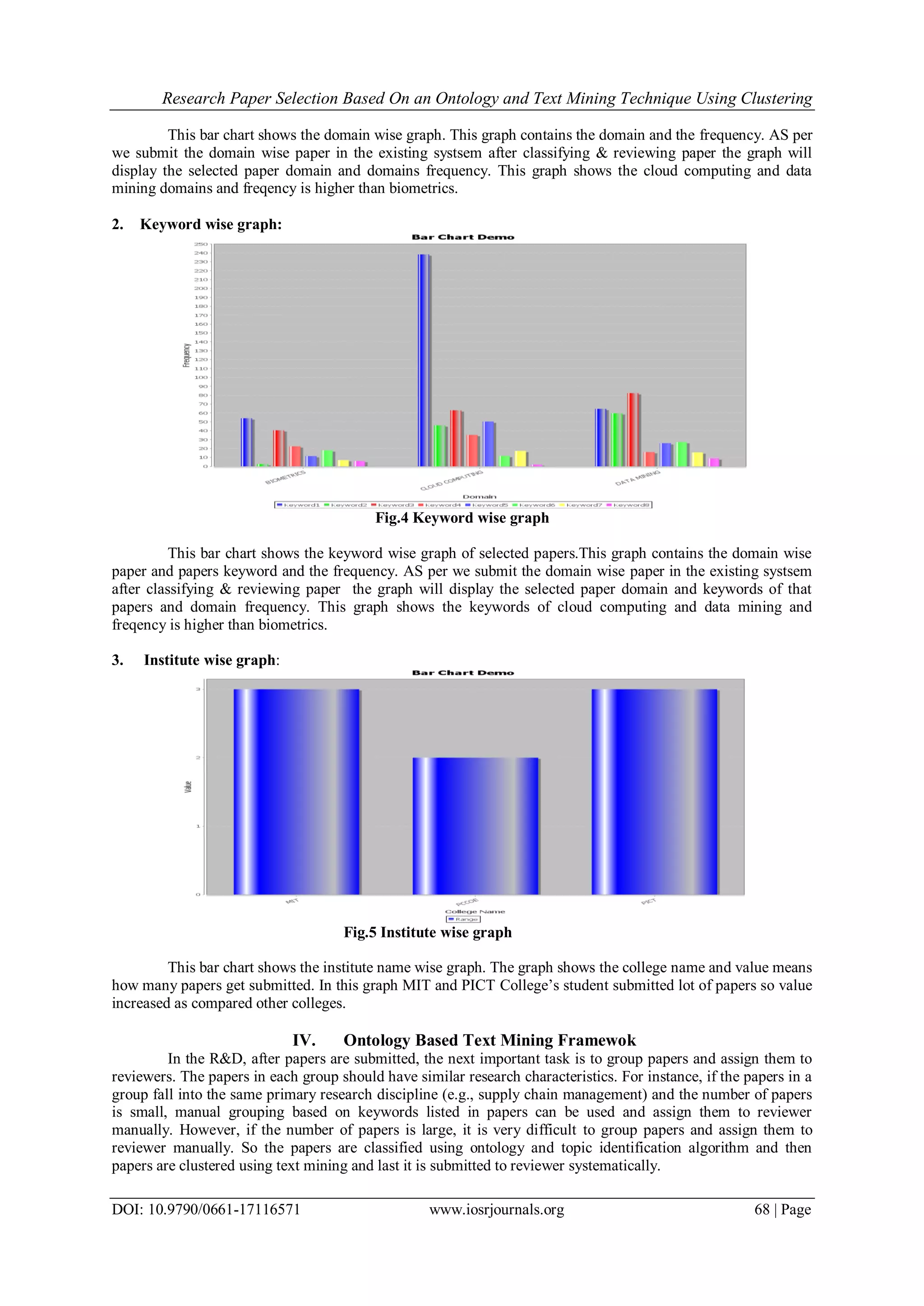 Research Paper Selection Based On an Ontology and Text Mining Technique Using Clustering DOI: 10.9790/0661-17116571 www.iosrjournals.org 68 | Page This bar chart shows the domain wise graph. This graph contains the domain and the frequency. AS per we submit the domain wise paper in the existing systsem after classifying & reviewing paper the graph will display the selected paper domain and domains frequency. This graph shows the cloud computing and data mining domains and freqency is higher than biometrics. 2. Keyword wise graph: Fig.4 Keyword wise graph This bar chart shows the keyword wise graph of selected papers.This graph contains the domain wise paper and papers keyword and the frequency. AS per we submit the domain wise paper in the existing systsem after classifying & reviewing paper the graph will display the selected paper domain and keywords of that papers and domain frequency. This graph shows the keywords of cloud computing and data mining and freqency is higher than biometrics. 3. Institute wise graph: Fig.5 Institute wise graph This bar chart shows the institute name wise graph. The graph shows the college name and value means how many papers get submitted. In this graph MIT and PICT College’s student submitted lot of papers so value increased as compared other colleges. IV. Ontology Based Text Mining Framewok In the R&D, after papers are submitted, the next important task is to group papers and assign them to reviewers. The papers in each group should have similar research characteristics. For instance, if the papers in a group fall into the same primary research discipline (e.g., supply chain management) and the number of papers is small, manual grouping based on keywords listed in papers can be used and assign them to reviewer manually. However, if the number of papers is large, it is very difficult to group papers and assign them to reviewer manually. So the papers are classified using ontology and topic identification algorithm and then papers are clustered using text mining and last it is submitted to reviewer systematically. 
