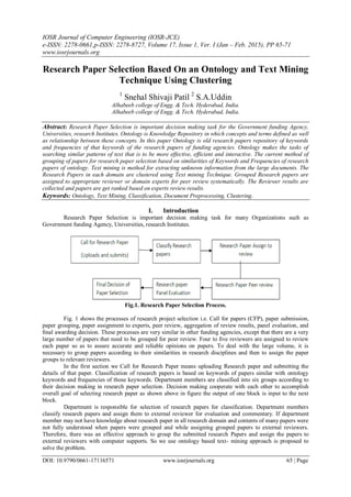 IOSR Journal of Computer Engineering (IOSR-JCE)
e-ISSN: 2278-0661,p-ISSN: 2278-8727, Volume 17, Issue 1, Ver. I (Jan – Feb. 2015), PP 65-71
www.iosrjournals.org
DOI: 10.9790/0661-17116571 www.iosrjournals.org 65 | Page
Research Paper Selection Based On an Ontology and Text Mining
Technique Using Clustering
1
Snehal Shivaji Patil 2
S.A.Uddin
Alhabeeb college of Engg. & Tech. Hyderabad, India.
Alhabeeb college of Engg. & Tech. Hyderabad, India.
Abstract: Research Paper Selection is important decision making task for the Government funding Agency,
Universities, research Institutes. Ontology is Knowledge Repository in which concepts and terms defined as well
as relationship between these concepts. In this paper Ontology is old research papers repository of keywords
and frequencies of that keywords of the research papers of funding agencies. Ontology makes the tasks of
searching similar patterns of text that is to be more effective, efficient and interactive. The current method of
grouping of papers for research paper selection based on similarities of Keywords and Frequencies of research
papers of ontology. Text mining is method for extracting unknown information from the large documents. The
Research Papers in each domain are clustered using Text mining Technique. Grouped Research papers are
assigned to appropriate reviewer or domain experts for peer review systematically. The Reviewer results are
collected and papers are get ranked based on experts review results.
Keywords: Ontology, Text Mining, Classification, Document Preprocessing, Clustering.
I. Introduction
Research Paper Selection is important decision making task for many Organizations such as
Government funding Agency, Universities, research Institutes.
Fig.1. Research Paper Selection Process.
Fig. 1 shows the processes of research project selection i.e. Call for papers (CFP), paper submission,
paper grouping, paper assignment to experts, peer review, aggregation of review results, panel evaluation, and
ﬁnal awarding decision. These processes are very similar in other funding agencies, except that there are a very
large number of papers that need to be grouped for peer review. Four to ﬁve reviewers are assigned to review
each paper so as to assure accurate and reliable opinions on papers. To deal with the large volume, it is
necessary to group papers according to their similarities in research disciplines and then to assign the paper
groups to relevant reviewers.
In the first section we Call for Research Paper means uploading Research paper and submitting the
details of that paper. Classification of research papers is based on keywords of papers similar with ontology
keywords and frequencies of those keywords. Department members are classified into six groups according to
their decision making in research paper selection. Decision making cooperate with each other to accomplish
overall goal of selecting research paper as shown above in figure the output of one block is input to the next
block.
Department is responsible for selection of research papers for classification. Department members
classify research papers and assign them to external reviewer for evaluation and commentary. If department
member may not have knowledge about research paper in all research domain and contents of many papers were
not fully understood when papers were grouped and while assigning grouped papers to external reviewers.
Therefore, there was an effective approach to group the submitted research Papers and assign the papers to
external reviewers with computer supports. So we use ontology based text- mining approach is proposed to
solve the problem.
 