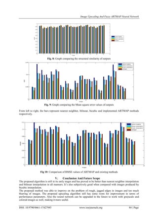 Image Upscaling And Fuzzy ARTMAP Neural Network
DOI: 10.9790/0661-17427985 www.iosrjournals.org 84 | Page
Fig. 8: Graph comparing the structural similarity of outputs
Fig. 9: Graph comparing the Mean square error values of outputs
From left to right, the bars represent nearest neighbor, bilinear, bicubic and implemented ARTMAP methods
respectively.
Fig 10: Comparison of RMSE values of ARTMAP and existing methods
V. Conclusion And Future Scope
The proposed algorithm is still in its early stages and has proved to be better than nearest neighbor interpolation
and bilinear interpolation in all manners. It’s also subjectively good when compared with images produced by
bicubic interpolation.
The proposed method was able to improve on the problem of rough, jagged edges in images and too much
blurring of images. The proposed upscaling algorithm still has some room for improvement in terms of
performance parameters. Also the neural network can be upgraded in the future to work with grayscale and
colored images as well, making it more useful.
 