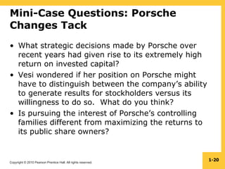 Copyright © 2010 Pearson Prentice Hall. All rights reserved.
1-20
Mini-Case Questions: Porsche
Changes Tack
• What strategic decisions made by Porsche over
recent years had given rise to its extremely high
return on invested capital?
• Vesi wondered if her position on Porsche might
have to distinguish between the company’s ability
to generate results for stockholders versus its
willingness to do so. What do you think?
• Is pursuing the interest of Porsche’s controlling
families different from maximizing the returns to
its public share owners?
 