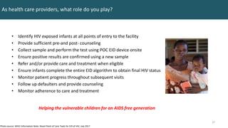 27
27
As health care providers, what role do you play?
• Identify HIV exposed infants at all points of entry to the facility
• Provide sufficient pre-and post- counseling
• Collect sample and perform the test using POC EID device onsite
• Ensure positive results are confirmed using a new sample
• Refer and/or provide care and treatment when eligible
• Ensure infants complete the entire EID algorithm to obtain final HIV status
• Monitor patient progress throughout subsequent visits
• Follow up defaulters and provide counseling
• Monitor adherence to care and treatment
Helping the vulnerable children for an AIDS free generation
Photo source: WHO Information Note: Novel Point of Care Tools for EID of HIV, July 2017
 