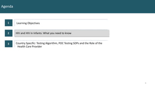 HIV and HIV in Infants: What you need to know
4
4
Agenda
1 Learning Objectives
2
3 Country Specific: Testing Algorithm, POC Testing SOPs and the Role of the
Health Care Provider
 