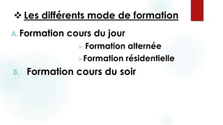  Les différents mode de formation
A.Formation cours du jour
 Formation alternée
Formation résidentielle
B. Formation cours du soir
 