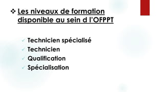  Les niveaux de formation
disponible au sein d l’OFPPT
 Technicien spécialisé
 Technicien
 Qualification
 Spécialisation
 