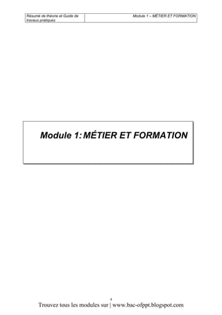 Résumé de théorie et Guide de
travaux pratiques

Module 1 – MÉTIER ET FORMATION

Module 1: MÉTIER ET FORMATION

4

Trouvez tous les modules sur | www.bac-ofppt.blogspot.com

 