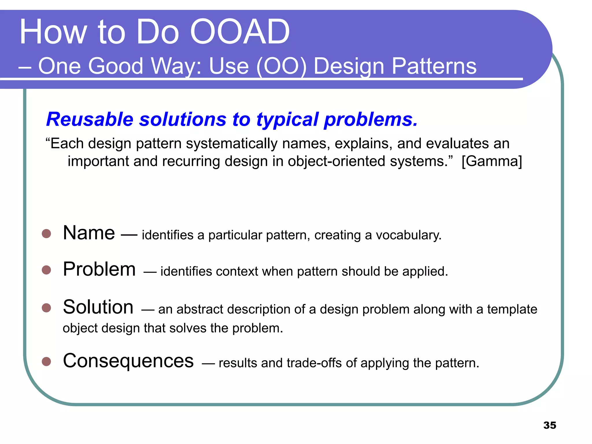 35
How to Do OOAD
– One Good Way: Use (OO) Design Patterns
Reusable solutions to typical problems.
“Each design pattern systematically names, explains, and evaluates an
important and recurring design in object-oriented systems.” [Gamma]
 Name — identifies a particular pattern, creating a vocabulary.
 Problem — identifies context when pattern should be applied.
 Solution — an abstract description of a design problem along with a template
object design that solves the problem.
 Consequences — results and trade-offs of applying the pattern.
 