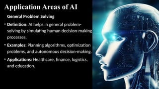 Application Areas of AI
General Problem Solving
• Definition: AI helps in general problem-
solving by simulating human decision-making
processes.
• Examples: Planning algorithms, optimization
problems, and autonomous decision-making.
• Applications: Healthcare, finance, logistics,
and education.
 