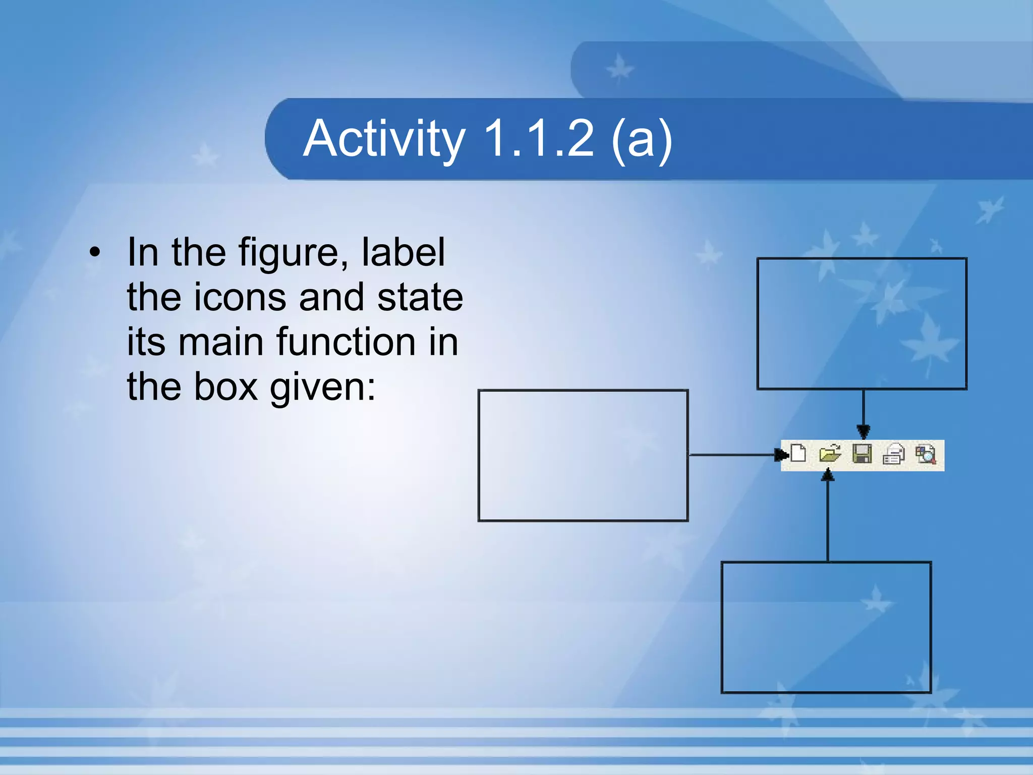 In the figure, label the icons and state its main function in the box given: Activity 1.1.2 (a) 