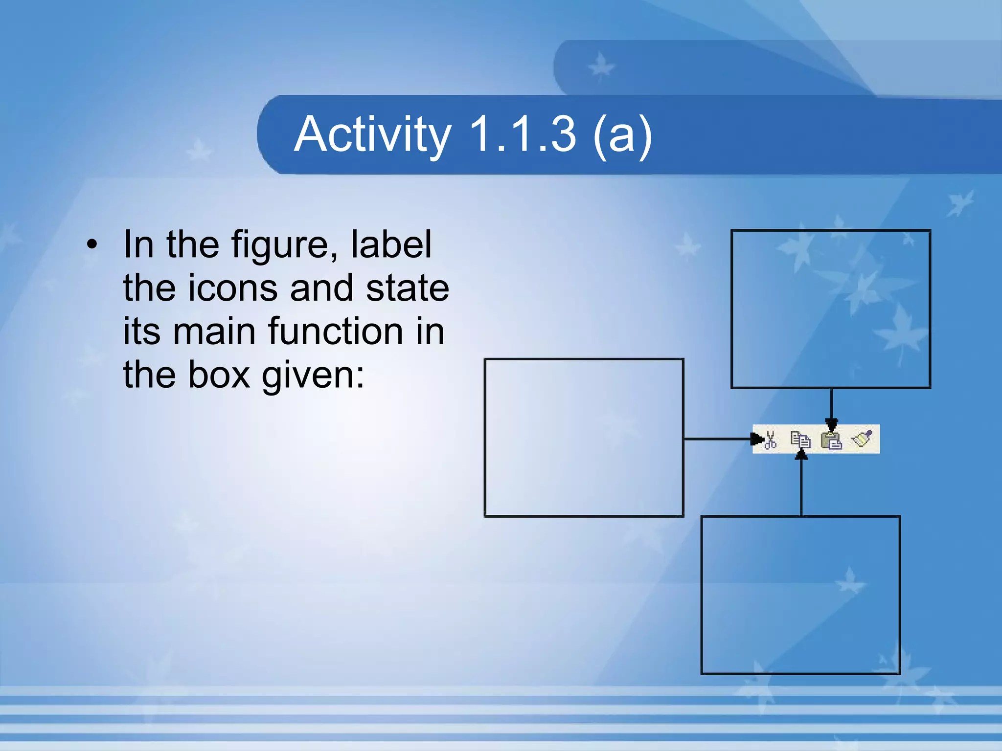 In the figure, label the icons and state its main function in the box given: Activity 1.1.3 (a) 